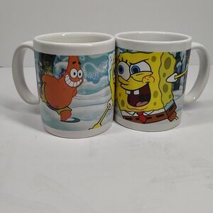 SpongeBob Squarepants & Patrick Snow ball fight 2007 Viacom Coffee Cup Mug 2 Pcs